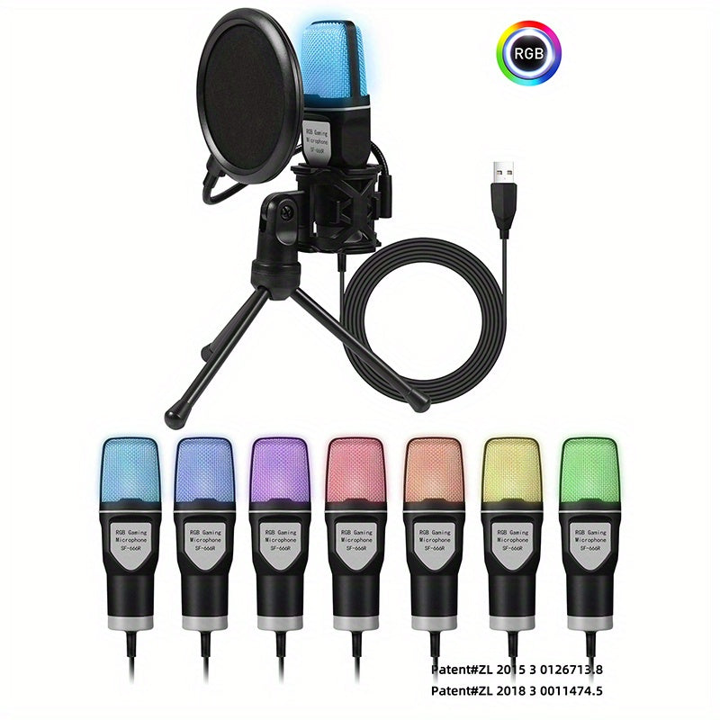 [USB Condenser Mic with Mute] Game microphone, USB PC microphone for podcast videos, streaming media, condenser microphone with fast mute function, tripod, spray hood, RGB indicator light, shock absorber, rotary gain button,