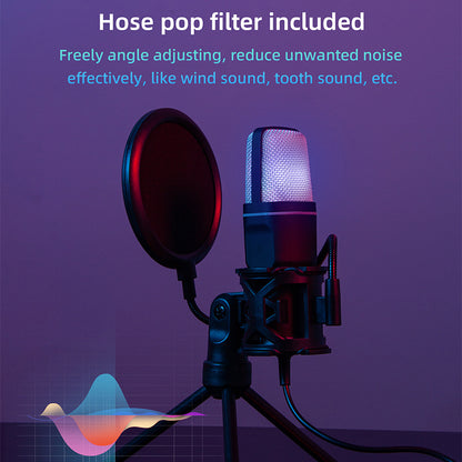 [USB Condenser Mic with Mute] Game microphone, USB PC microphone for podcast videos, streaming media, condenser microphone with fast mute function, tripod, spray hood, RGB indicator light, shock absorber, rotary gain button,