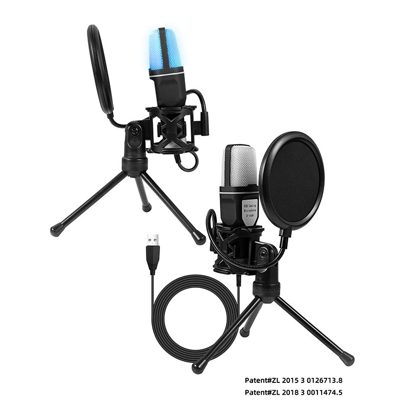 [USB Condenser Mic with Mute] Game microphone, USB PC microphone for podcast videos, streaming media, condenser microphone with fast mute function, tripod, spray hood, RGB indicator light, shock absorber, rotary gain button,