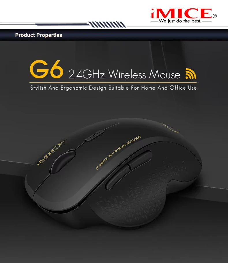 IMICE G6 ABS Wireless Mouse Ergonomic Computer Mouse 2.4Ghz Gamer PC Optical Mouse With USB Receiver 1600 DPI For Laptop PC