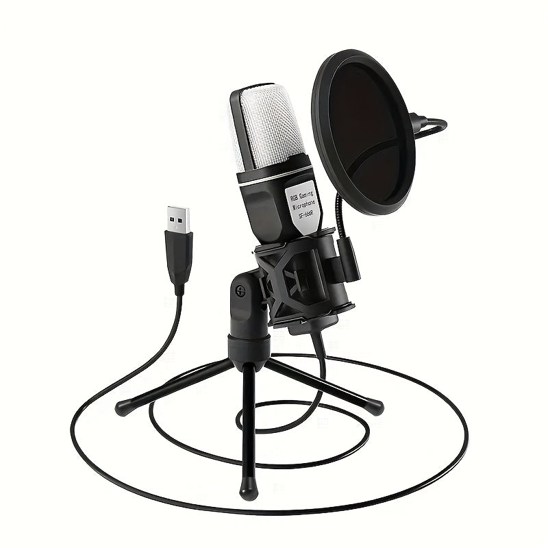 [USB Condenser Mic with Mute] Game microphone, USB PC microphone for podcast videos, streaming media, condenser microphone with fast mute function, tripod, spray hood, RGB indicator light, shock absorber, rotary gain button,